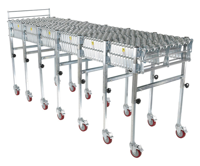 24"W Steel Roller Conveyor, Portable & Expandable, 8'9" to 32'4"L